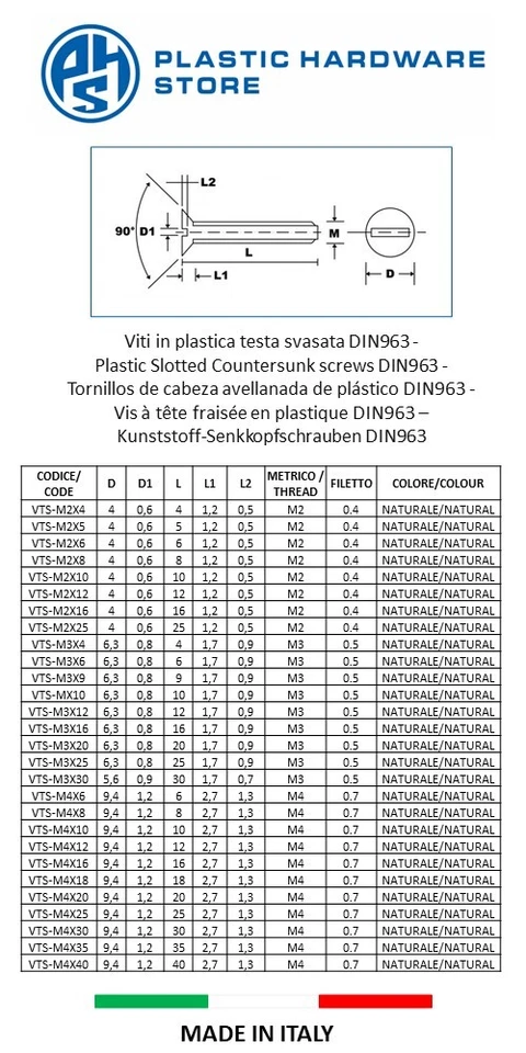 Viti in plastica testa svasata piana DIN963 taglio cacciavite da M2 a M10 - PHS - Immagine 2 di 4