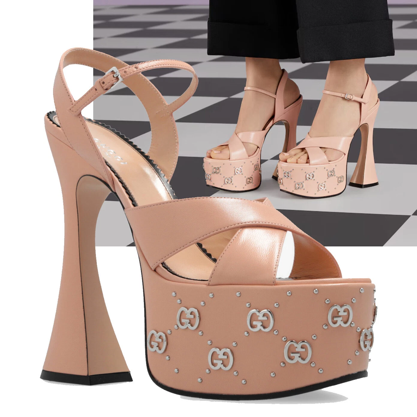 CHAUSSURES GUCCI JANAYA GG LOGO PLATEFORME CLOUS SANDALES EN CUIR ROSE 1 pointure 38,5 8,5