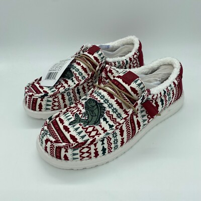 Hey Dude Wally Fishmas Sweater Shoes Mens Sz 11 Pine Green/Red Christmas Slip On Hey Dude Wally Merry Fishmas Sweater Loafers Men Red Green  main image 4