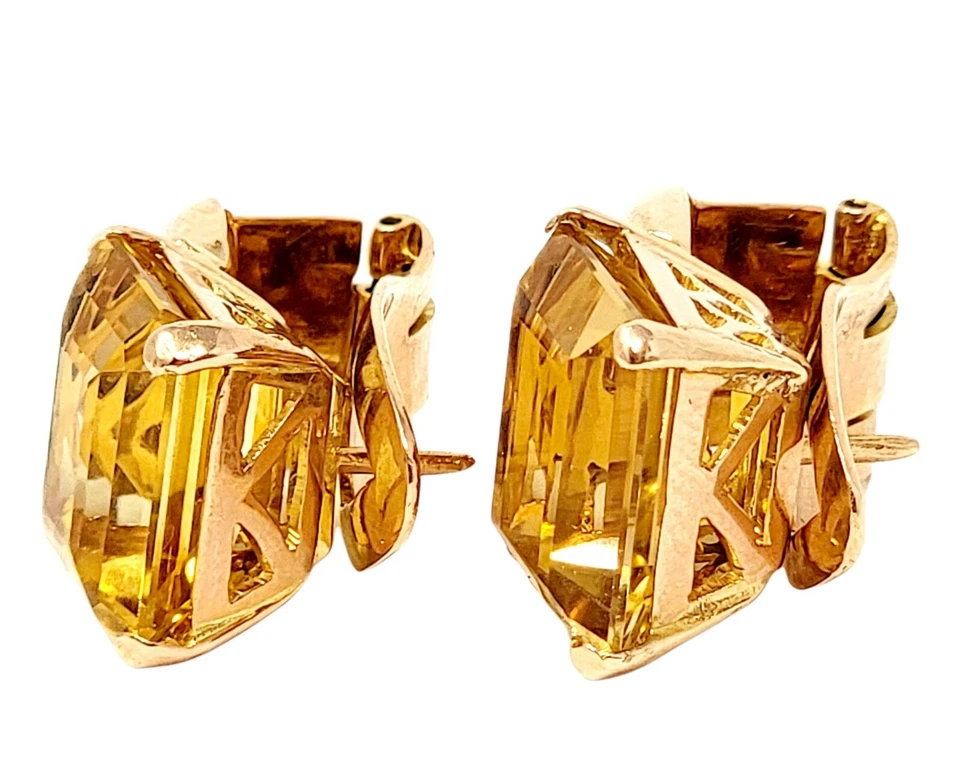 Earrings Citrine 18 KT Rose Gold 11.10 CTW Bead Detail Emerald Cut 5/8" Pierced - Image 3 of 4