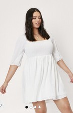 Nasty Gal Plus Size Shirred Tie Back Mini Dress In White RRP £38 BNWT UK 16