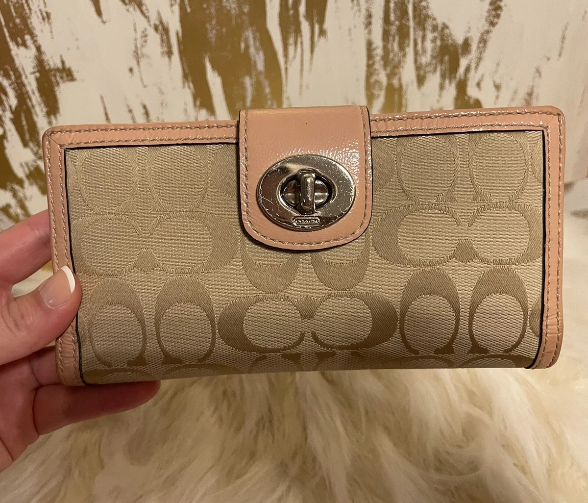 AUTHENTIC Coach Signature Pink Patent Leather Turnlock Wallet