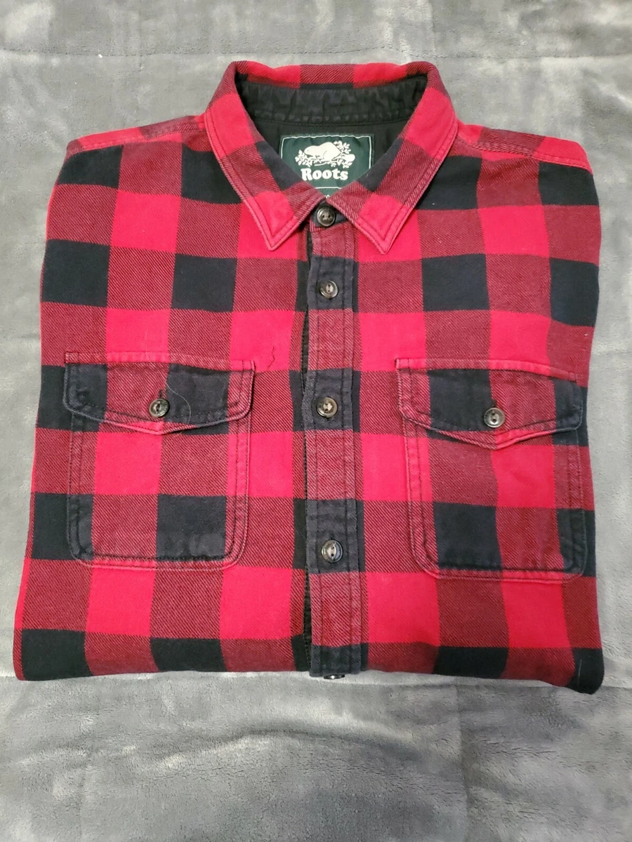 Roots Canada Plaid Flannel W/ Elbow Patches Button-Up L/S Shirt SZ L