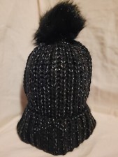 Pompom hat adult stocking hat with multi color sparkle and black yarn