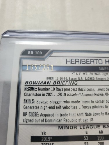 Heriberto Hernández 2021 Bowman Draft púrpura paralelo 165/250 Tampa Bay Rays  - Imagen 8 de 8