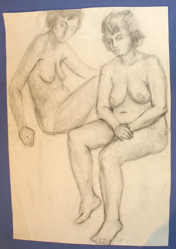 Vintage impressionist pencil painting nude females portrait signed - Imagen 11 de 12