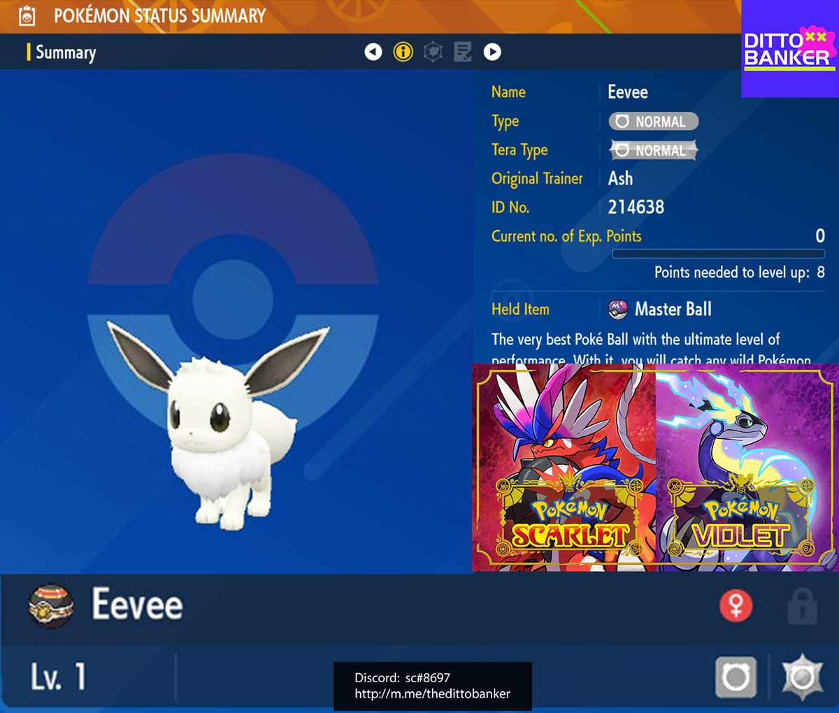 Pokemon Scarlet/Violet ✨SHINY EEVEE FEMALE Lv.1 Modest 6IV w/ Masterball  TRADE