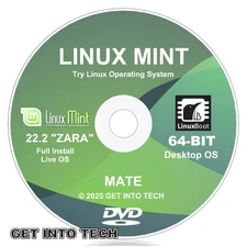 Linux Mint 22.2 MATE "Zara" 64bit Bootable/Live OS DVD DISC - Try Linux
