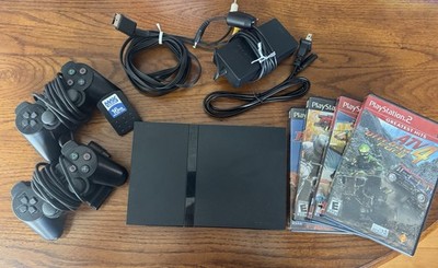 Sony PlayStation 2 Slim Black Console Bundle w/ Controllers, 16mb tested works!
