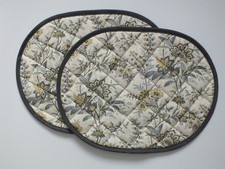 Pair of Quilted Oval Table mats Laura Ashley green/grey floral pattern on cream
