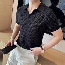 Men's Polo Shirt 2024 Summer New Light and Thin Knitted Hollow Solid Color Casua
