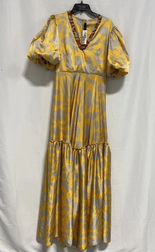 Okha Women's Yellow Tiered Maxi Dress Puff Sleeve Alara Brooklyn Museum S NWT