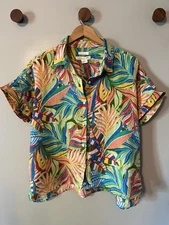 C&C California 100% LINEN Women's Large Colorful Button Short Sleeve Top Shirt