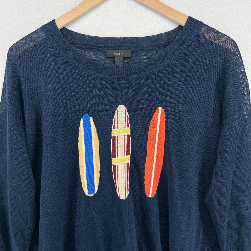 Suéter J.CREW Mujer L Tabla de Surf Costero Lino Tejido Abierto Pullover Jersey Azul Foto 3 de 4