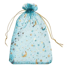 100 Pcs Organza Bag 5"x7" Sheer Moon Star Mesh Bags Drawstring Lake Blue-Gold