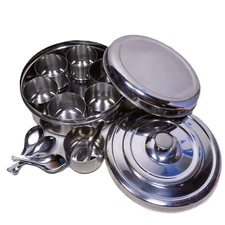 Masala Dabba Indian Spice Box 14-Pc Stainless Steel Double Lids 7 Cups 4 Spoons