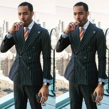 Striped Men's Suits Double Breasted Formal Peak Lapel Wedding Tuxedos 2 pieces