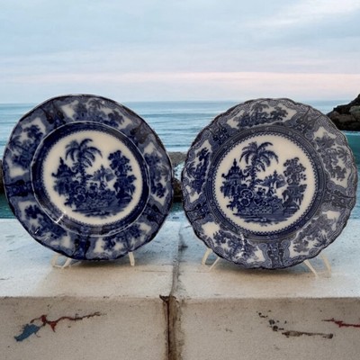 Antique Pair English Kyber Flow Blue Serving Bowls By W Adams And Co. Set of Two