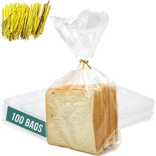 Reusable Plastic Bread Bags for Homemade - 100 Pack Clear Bag with Ties for an A