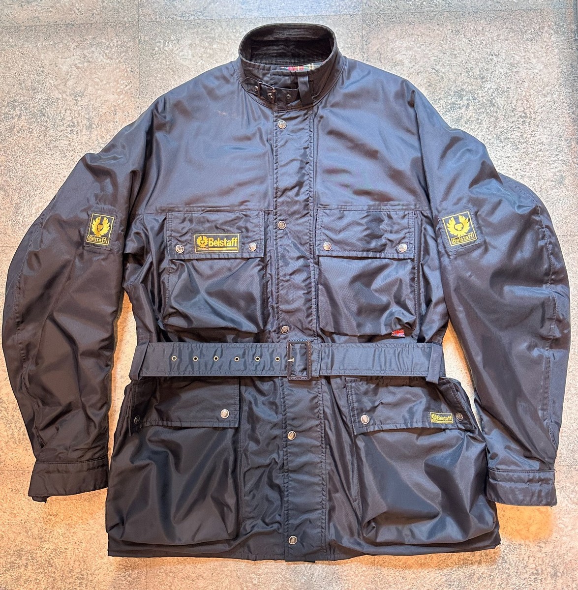 EUC Vintage Belstaff Black Nylon Belted Biker Jacket Plaid Lining