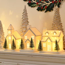 Ceramic White Christmas Village Houses, 3Pcs Light up Small Porcelain Village Ho