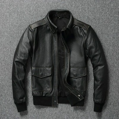 Black Motorcycle Bomber Leather Jacket For Men