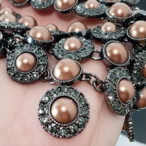 Monet Dark Silver Tone Brown Faux Pearl & Gray Rhinestone Bib Statement Necklace