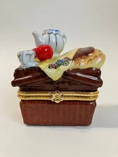Picnic Basket Jewelry Trinket Box Tea Pot Cup Apples Bread Hinged Porcelain