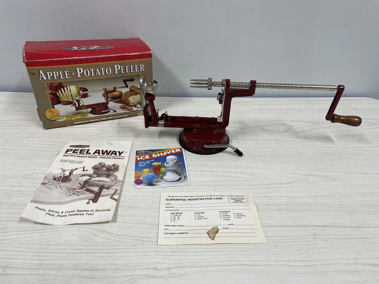 Vintage Red Peel Away Apple/Potato Peeler Slicer Suction Base NICE!