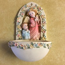 Holy Water Font Praying Angel and Child Nicely Hand Painted Resin 