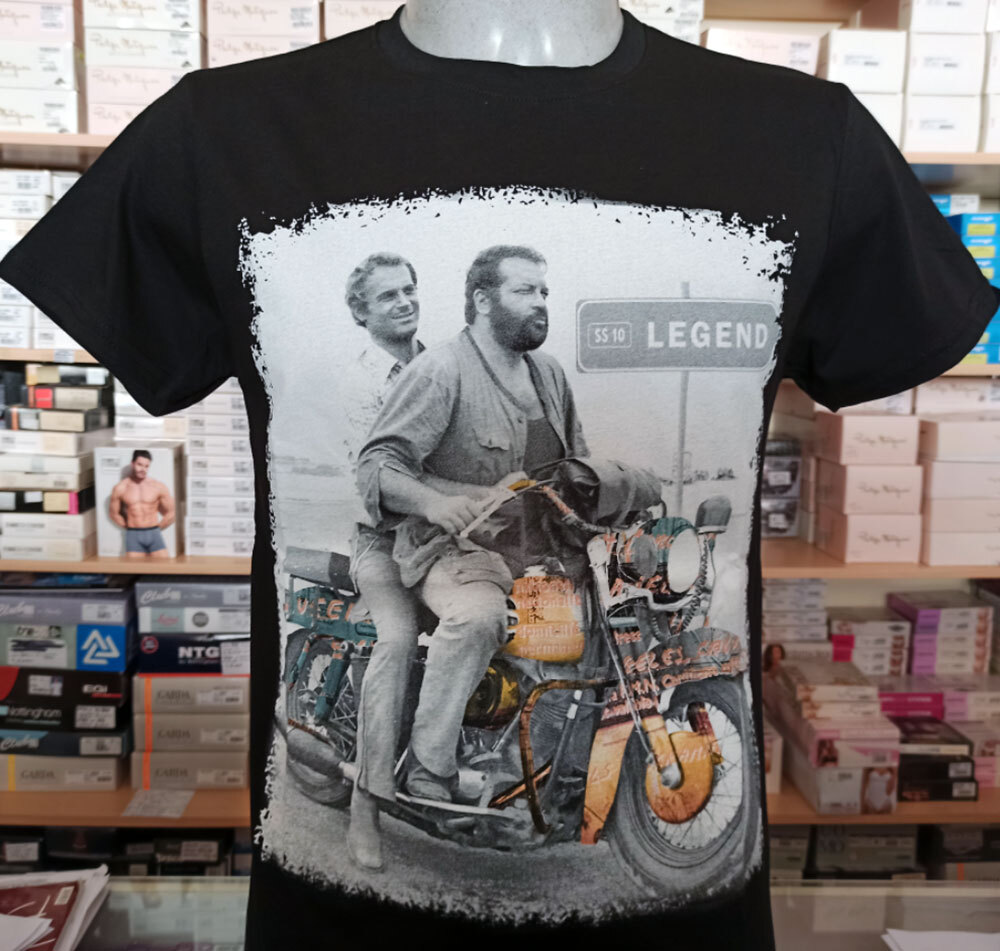 T-shirt manica corta in cotone con Bud Spancer e Terence Hill in moto art  D692