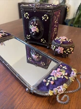 Vintage Victorian Style Purple Velvet Mirrored Vanity Set Tray Tissue Box *Read*