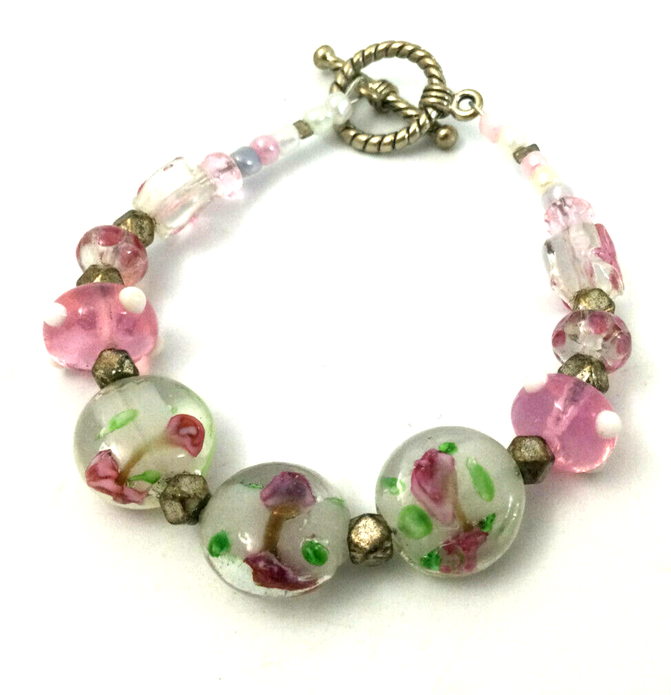 Pink Green Silver Metal Lampwork Bead Bracelet 7 Inch