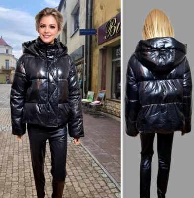 RIVER ISLAND HOCHGLÄNZENDE GEFÜTTERTE JACKE UVP=75 £ GRÖSSE 10-14 SCHWARZ LOCKERE PASSFORM KURZ