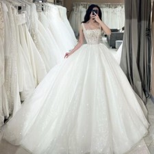 Glitter Tulle Wedding Dresses Square Neck Lace Applique Sweep Train Bridal Gowns