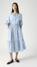 Levi's Blue Chambray Shirt Dress Button Front Drawstring Midi Balloon Sleeve XL