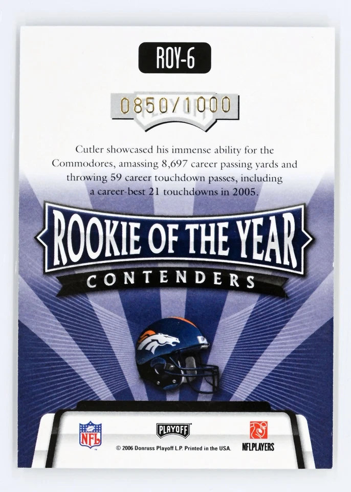 2006 Playoff Contenders #ROY-6 Jay Cutler /250 ROY Contenders Gold Broncos - Image 2 of 2