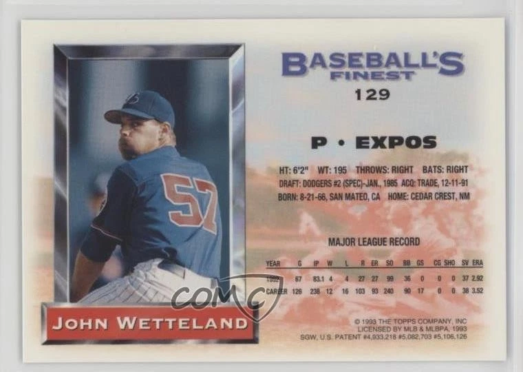 1993 Topps Finest Baseball's Finest Refractor John Wetteland #129 - Image 2 of 2