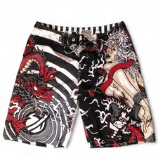 RARE Lost Enterprises Masters of Mayhem Naked Woman Skull Dragon Board Shorts 34