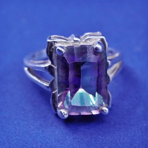 Size 6, vintage sterling 925 silver handmade ring with rainbow topaz