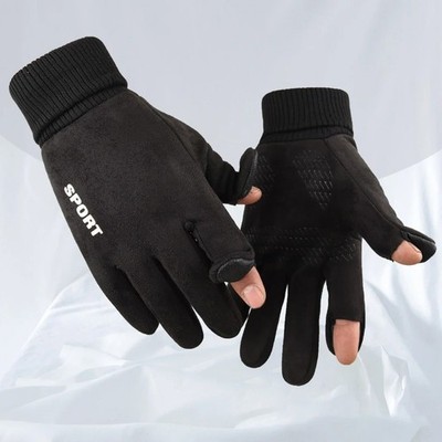 Faux Suede Winter Gloves Flip Top Windproof Anti Slip Driving Cycling Men