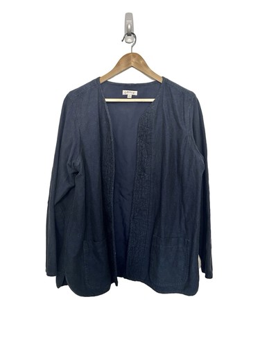 Orvis Linen Blend Open Front Blazer XL Blue Work Lagenlook Beach Preppy Pockets