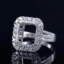 Semi Mount Double Halo Ring 10x8mm Emerald Cut Fit 14K White Gold Over Diamonds