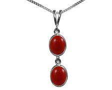 9ct Oro Bianco Naturale Corallo Rosso Doppio Ovale Pendente e Collana British IN