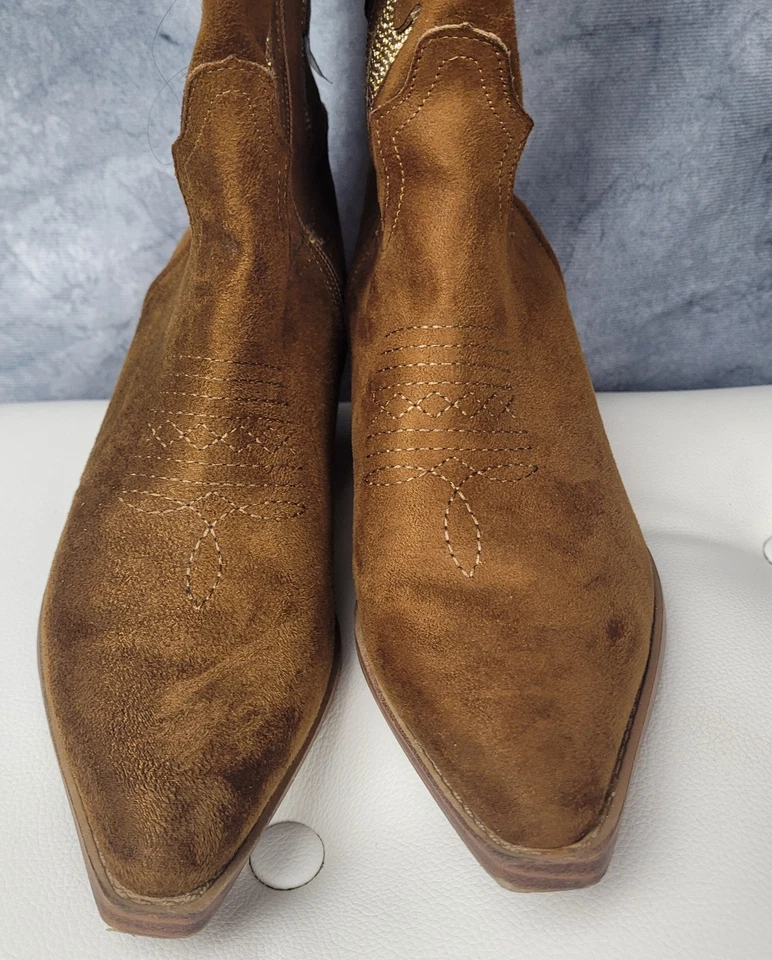 Wild Pair Botas Vaqueras Mujer Talla 8M Gamuza Lucahf Marrón Dorado Bling Foto 4 de 4