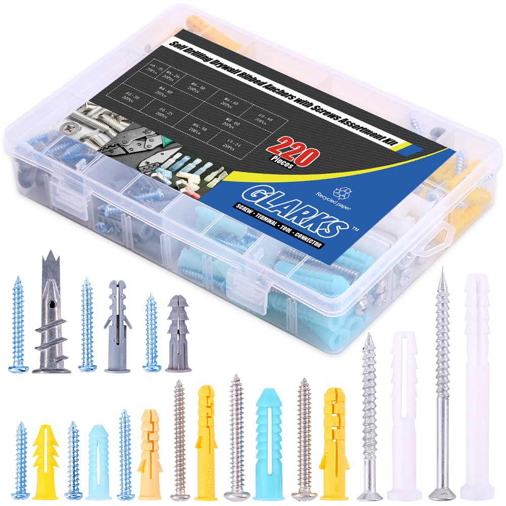 220-Piece Plastic Self-Drilling Drywall Anchors Ribbed Hollow-Wall Fasteners