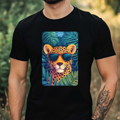 Mens Leopard Sunglasses Cotton T-Shirt Size XS to 5XL