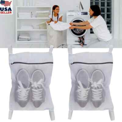 2x's Large Laundry Mesh Sneaker Shoe-Delicates Wash-Dry Zip Bag, Adjust Straps