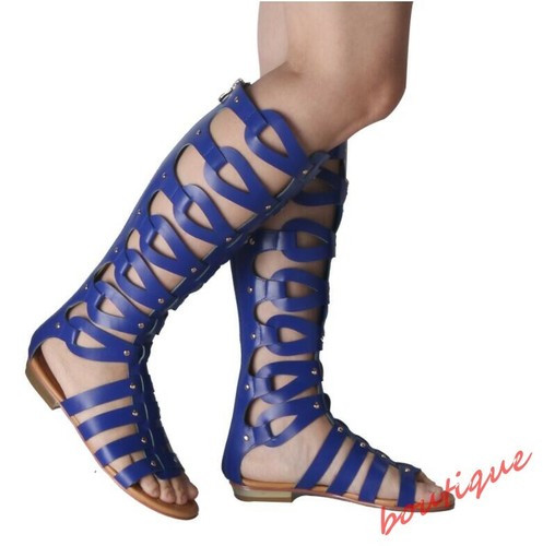 Women Gladiator Roman Hollow Out Flat Sandals Knee High Boots Open Toe Zip Shoes - Picture 11 of 19