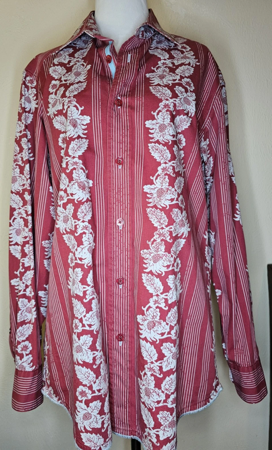 Indigo Palms Tailored Mens Shirt Red Floral 100% Cotton Long Sleeve Size Medium